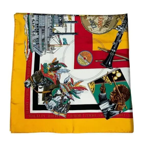 HERMES Silk Scarf  "New Orelans" by Loïc Dubigeon 90cm Carre with Paper Bag - Picture 5 of 16